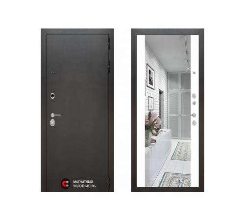 Входная металлическая дверь с зеркалом Labirint Silver с зеркалом Макси Белый Софт