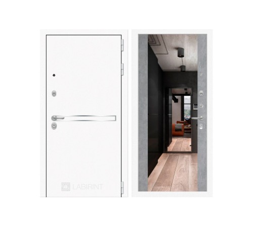 Металлическая дверь Labirint Line White с широким зеркалом Бетон Светлый